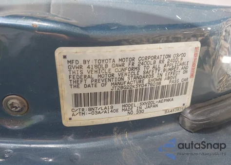 2000 Toyota Camry Le z USA, uszkodzony, nr VIN JT2BG22K5Y0476098